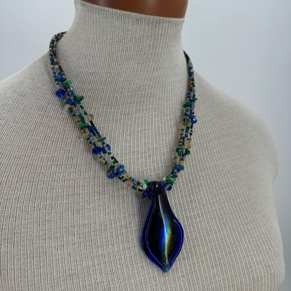 Rainbow Blue Glass pendant multi layer necklace